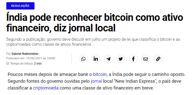 Exemplo da Índia onde um país tenta banir o bitcoin, somente para poucos meses depois ser obrigado a reconhecer ele como uma classe de ativo. Os países não mudam de ideia dessa maneira por coerência e lógica, eles mudam de ideia porque são obrigados. E eles são obrigados porque é impossível banir o bitcoin.