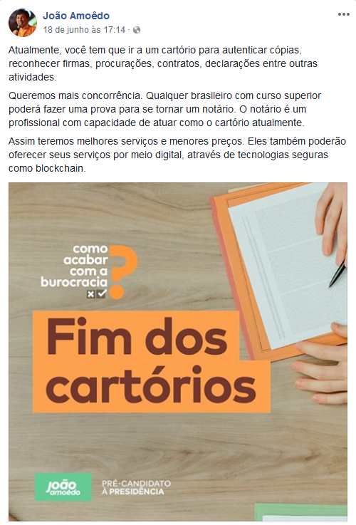 O pré-candidato do Partido Novo à Presidência da República disse que permitirá que notários atuem como cartórios e ofereçam seus serviços por meio do blockchain.