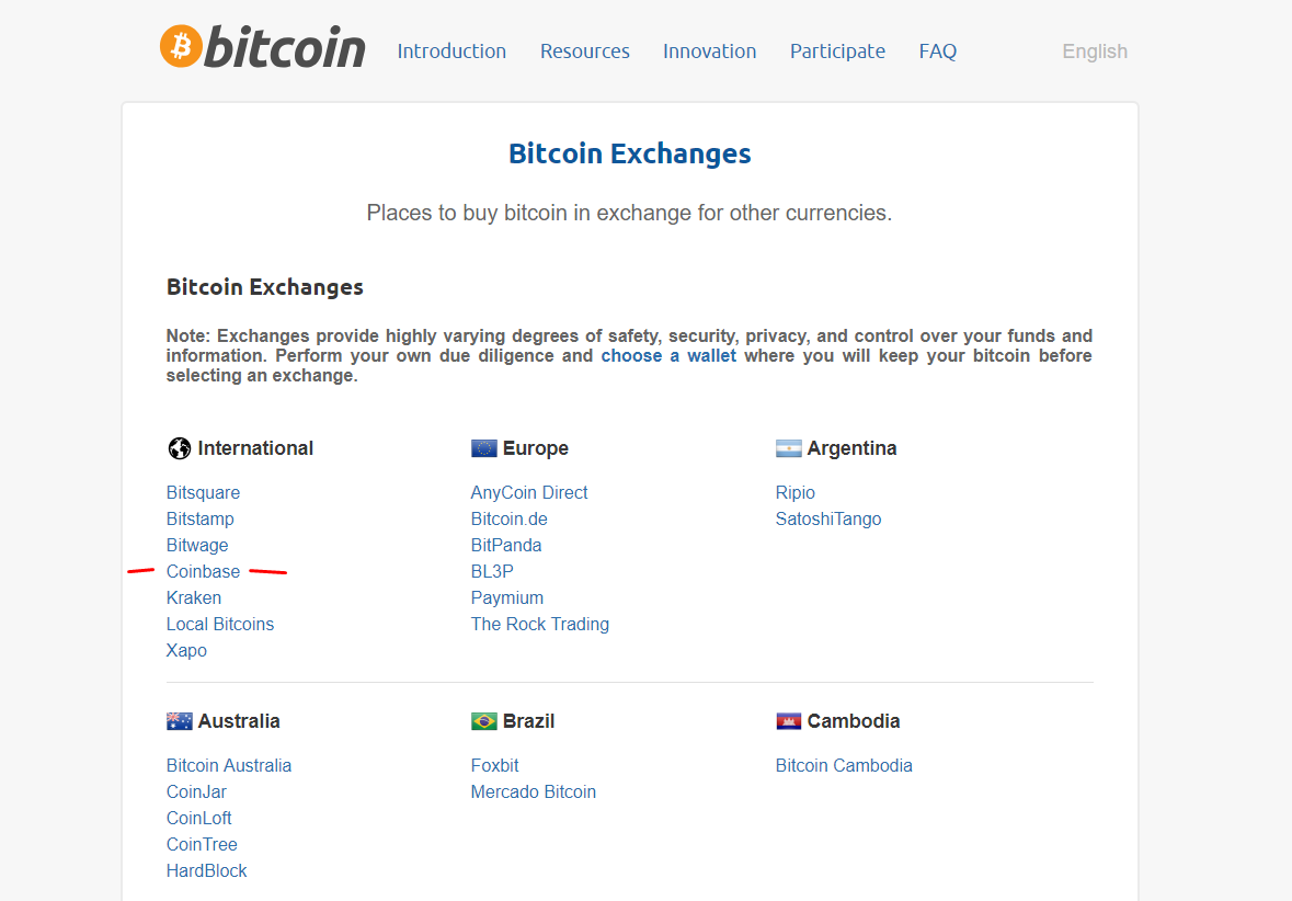 Site antigo do bitcoin.org listando a Coinbase na lista de exchanges . Imagem: Internet Archive, Julho 2017