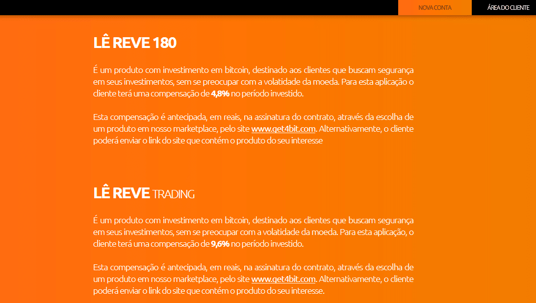 Print do site do Bitcoin Banco sobre os produtos Le Reve