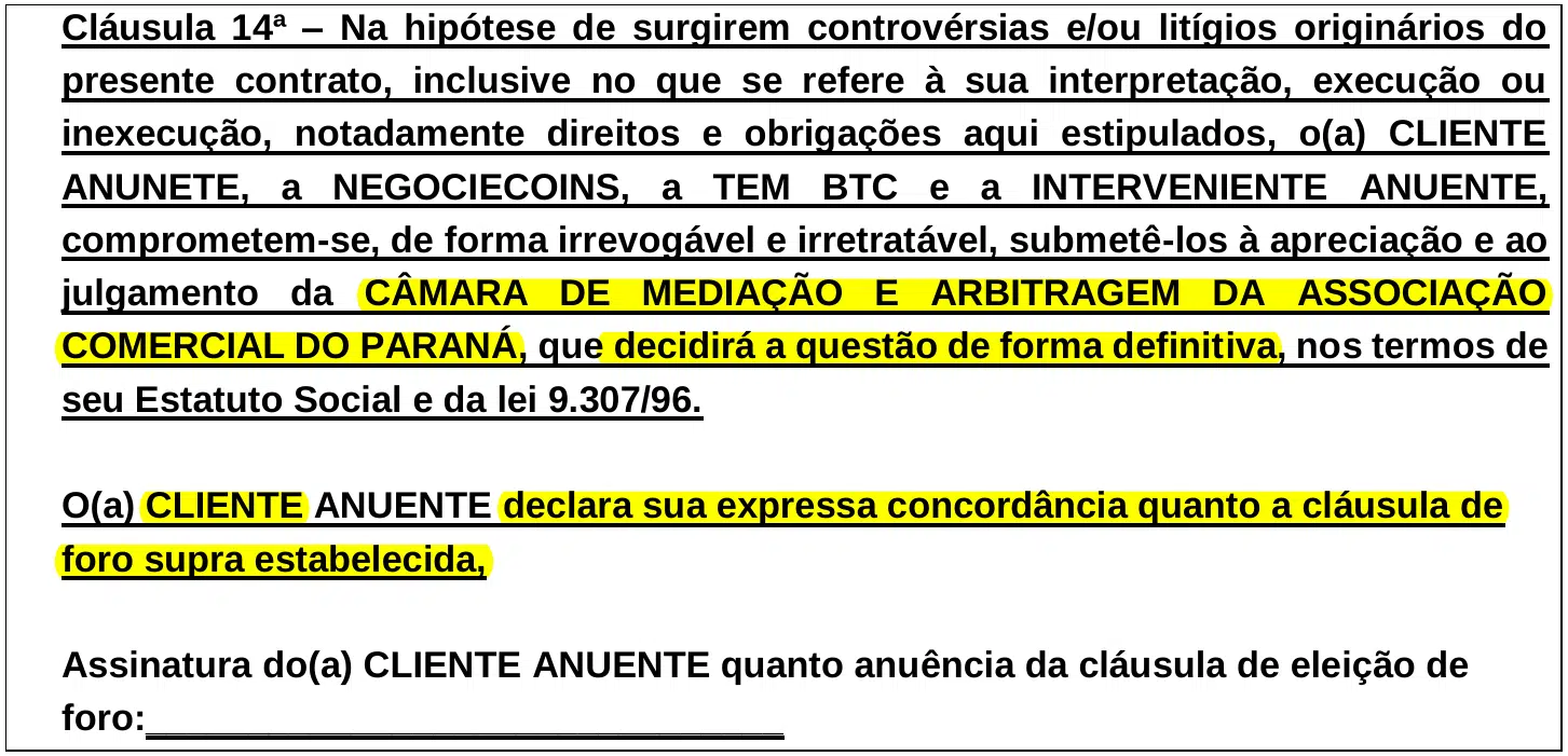 clausula arbitral na proposta do bitcoin banco