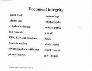 Slide de uma apresentação de Stornetta e Haber para uma empresa de investimento em 1993, listando as áreas em que seu livro-razão imutável distribuído poderia ser aplicado. Fonte: breakermag