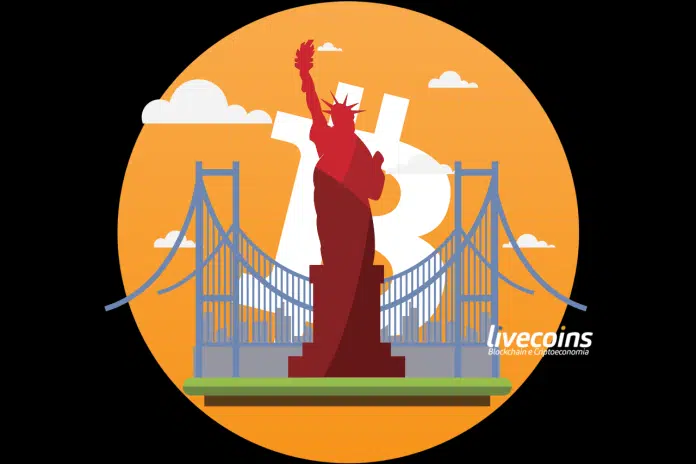 Bitcoin e Estátua da Liberdade nos EUA (Nova York)