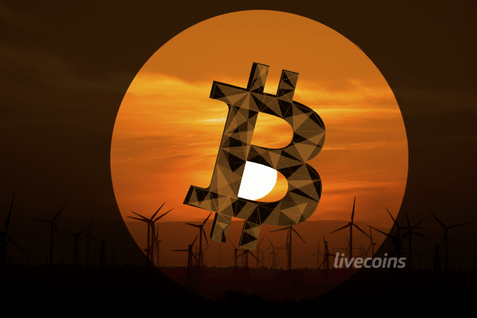 Geração de enegia eólica com símbolo do bitcoin
