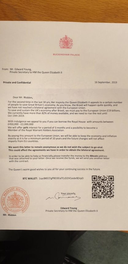 carta fraudulenta enviada por golpistas a pedir bitcoin Rainha