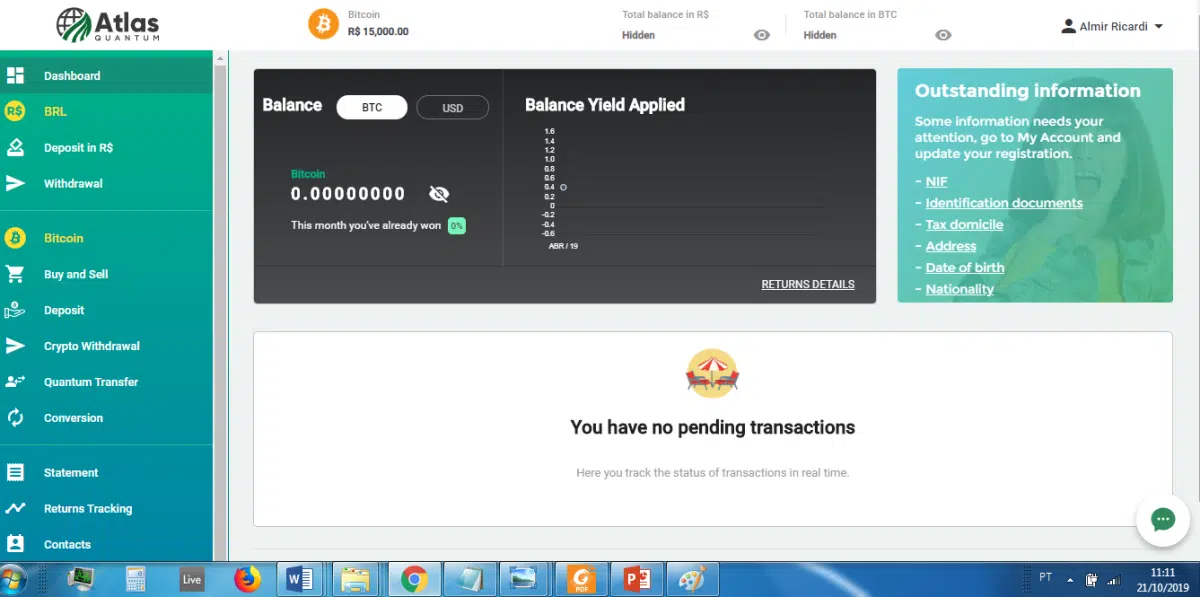 Plataforma Atlas vendendo Bitcoin a R$ 15 mil, às 11h11 de 21 de outubro