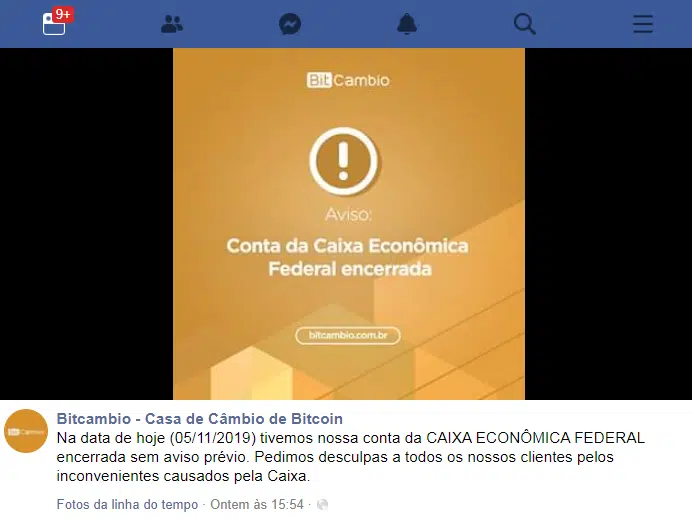 Comunicado no Facebook da BitCâmbio informando sobre o fechamento de sua conta pela Caixa