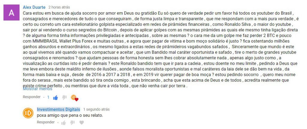 Post de internauta acusando Ronaldo Silva de ter incentivado investimentos na MMM Brasil