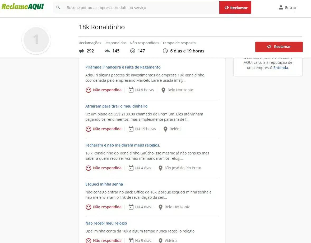 Reclamações 18K Ronaldinho