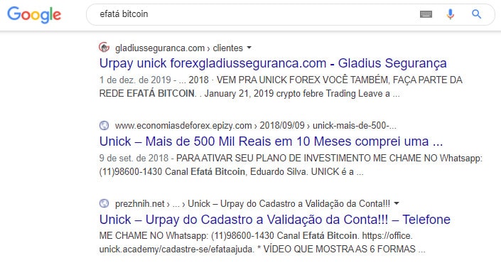 Busca por Efatá Bitcoin no Google mostra relação com a Unick Forex