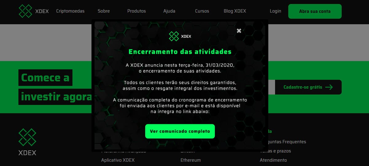 Aviso de encerramento da XDEX é visto na página inicial da plataforma