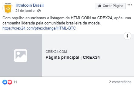 Comunidade da HTMLcoin Brasil comemorou em janeiro de 2020 listagem na corretora
