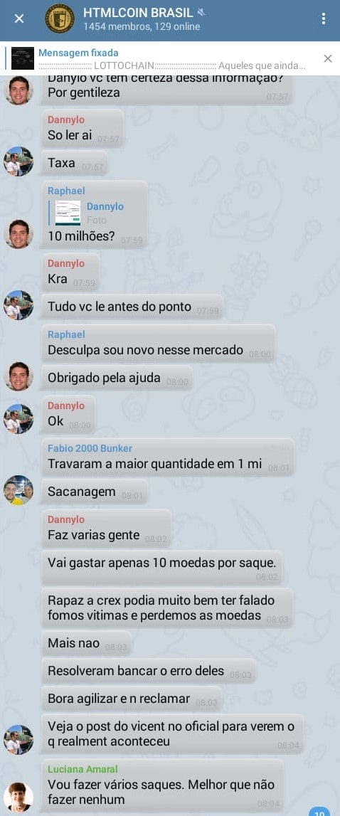 Investidores Htmlcoin Brasil reclamam da Corretora de Bitcoin CREX24 - Reprodução/ Telegram