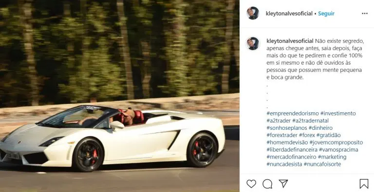 Kleyton Alves exibindo carro de luxo em Instagram, sua empresa, A2 Trader, não tem pago clientes