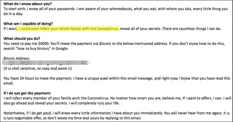 E-mail enviado para as vítimas prometia infectá-las com coronavírus caso o pagamento em Bitcoin não fosse feito.: ExecuteMalware