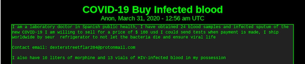 venda de sague infectado com coronavírus. Imagem: https://www.darkowl.com/