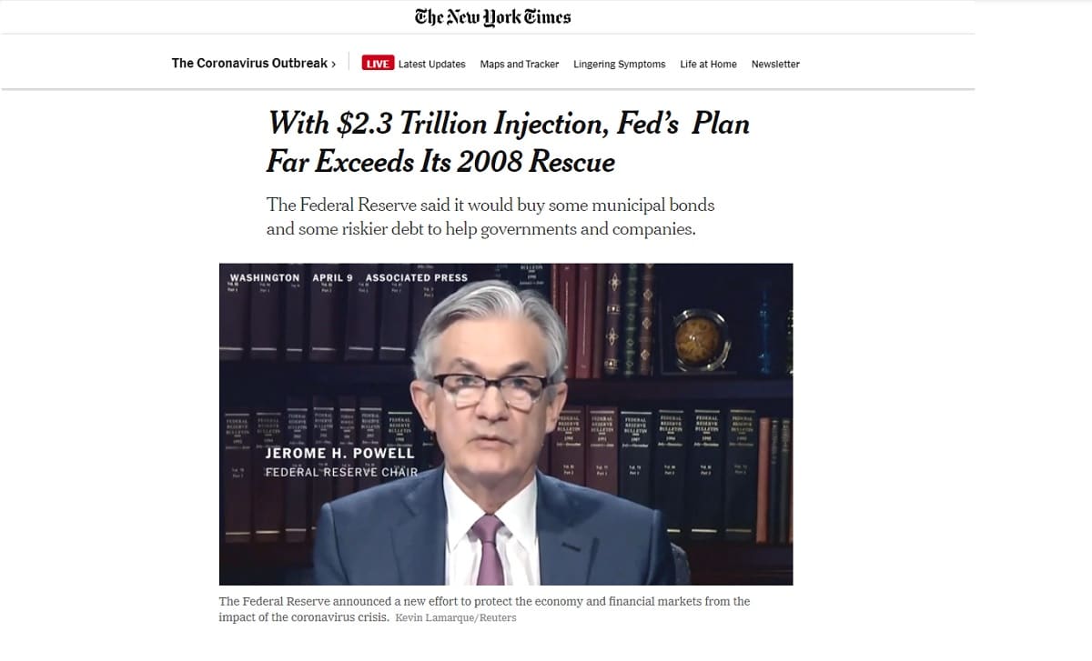 Matéria do NY times dizendo que os US $ 2,3 trilhões injetados na economia pelo banco central americano, supera muito o do governo na crise de 2008. Imagem: NY times