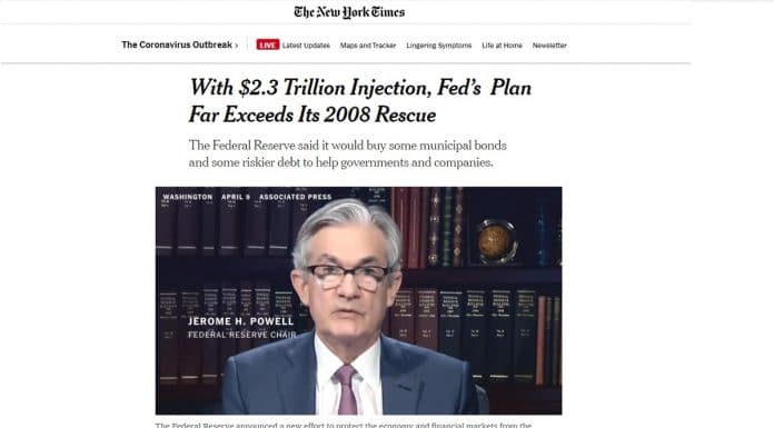 Matéria do NY times dizendo que os US $ 2,3 trilhões injetados na economia pelo banco central americano, supera muito o do governo na crise de 2008. Imagem: NY times