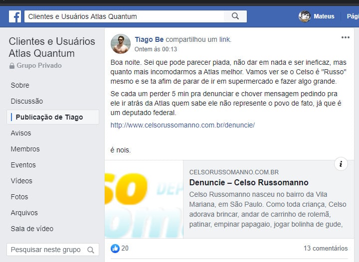 Celso Russomanno recebe denuncia da Atlas Quantum