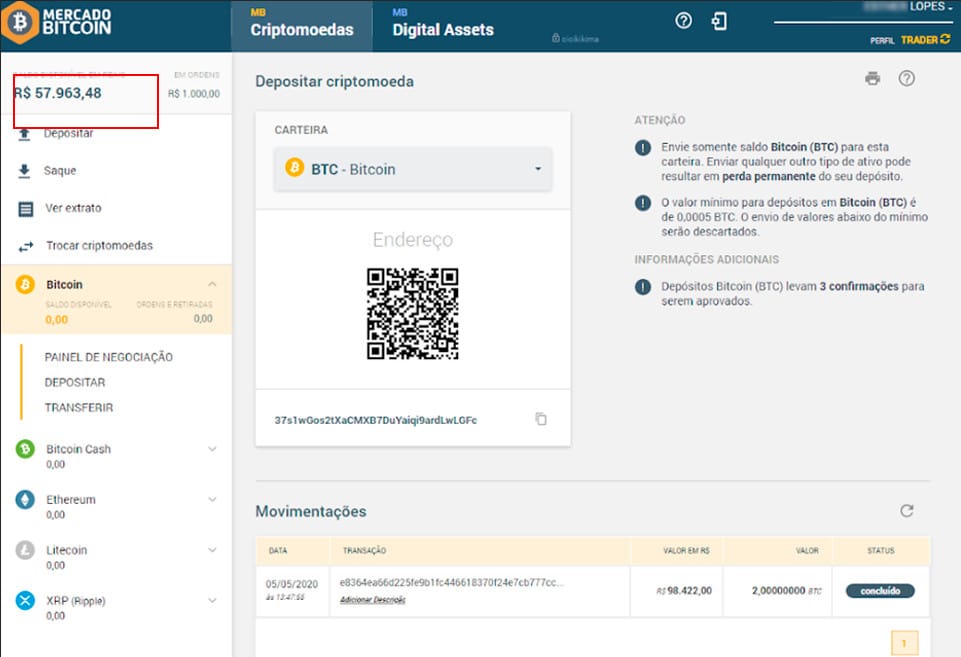 Comprovante de depósito em bitcoin na conta do mercado bitcoin. Imagem: Livecoins