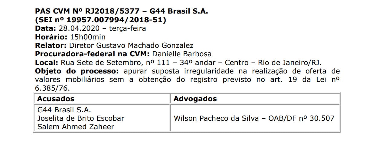 Investigação da CVM contra G44 Brasil e seus sócios tinha reunião marcada no dia 28 de abril