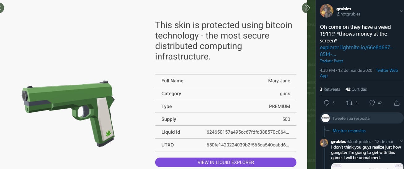 Usuário do Twitter mostra item do Light Nite, verificável na blockchain do Bitcoin