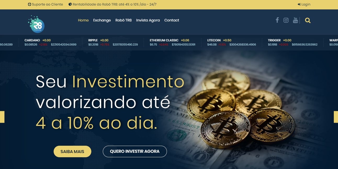 R8 Trade promete rendimentos de 4 a 10% ao dia com Bitcoin (BTC), negócio suspeito