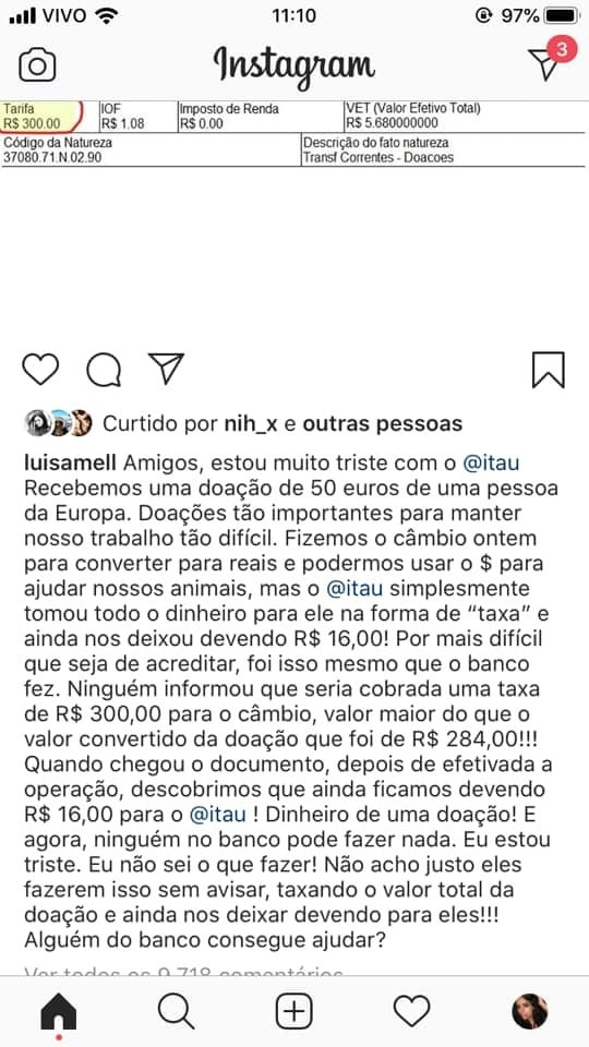 Luisa Mell postgaem Instagram sobre taxa absurda do Itaú mesmo em tempos de pandemia