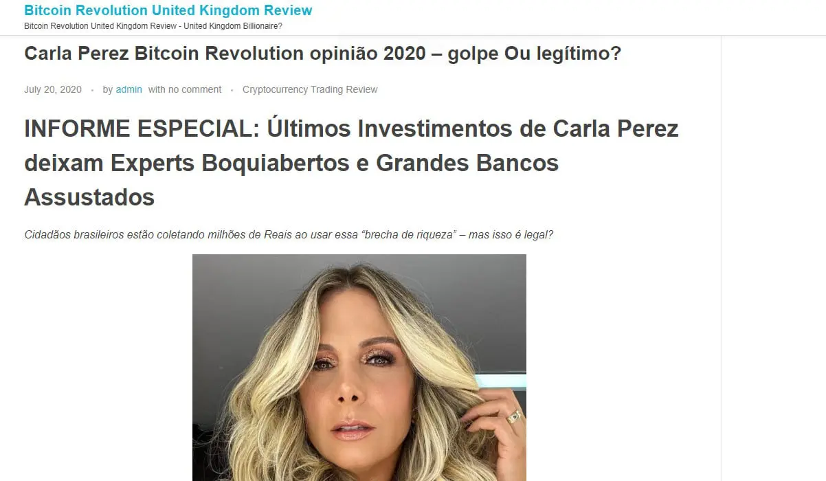Página falsa afirma que Carla Perez investe em Bitcoin Revolution, um golpe internacional