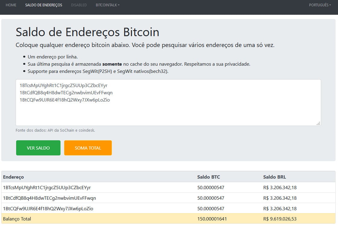 Tela do verificador de saldo de endereços bitcoin