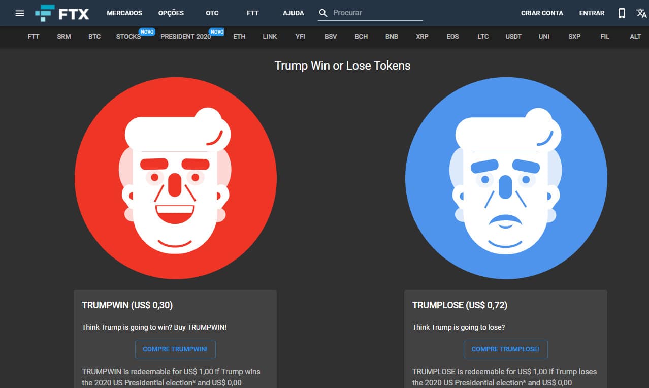 Corretora de criptomoedas cria Token para prever vitória ou derrota de Donald Trump