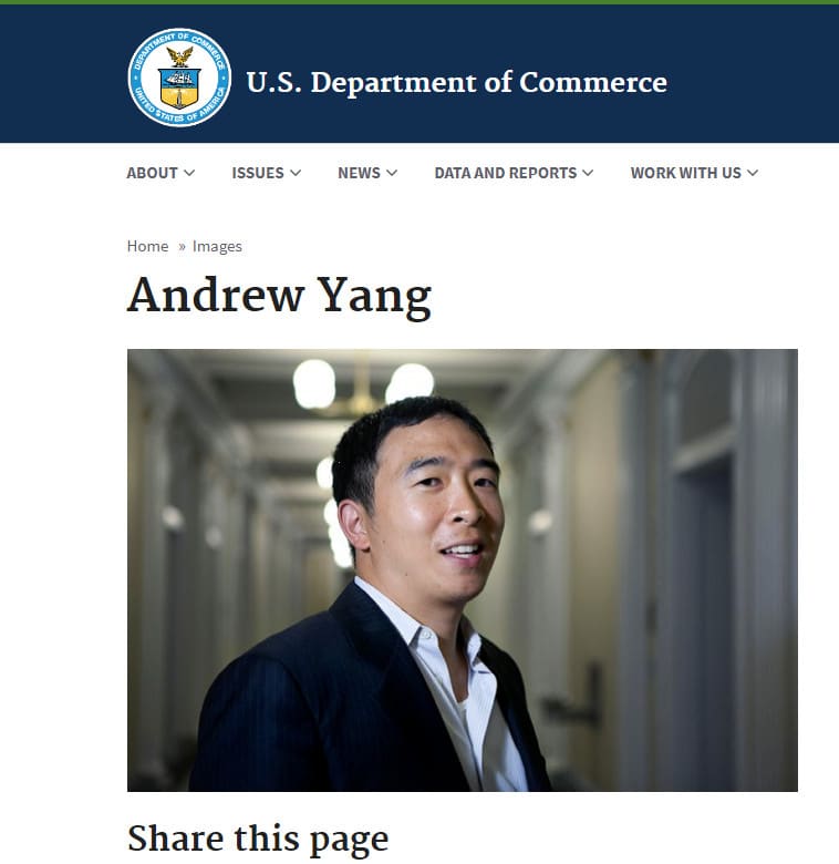 Foto de Yang no site do Departamento de Comércio dos EUA