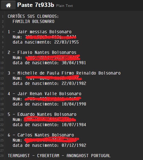 Dados da Família Bolsonaro extraídos do DataSUS