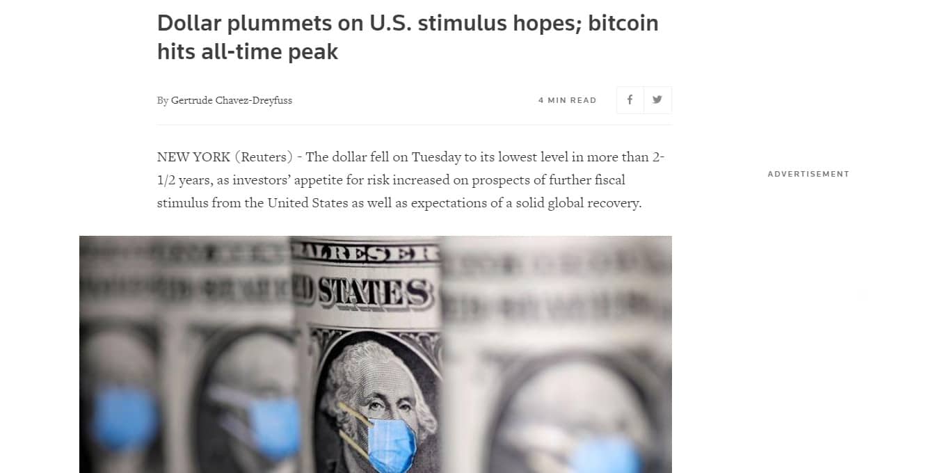 Dólar despenca com possibilidade de novo auxílio; Bitcoin atinge valor histórico