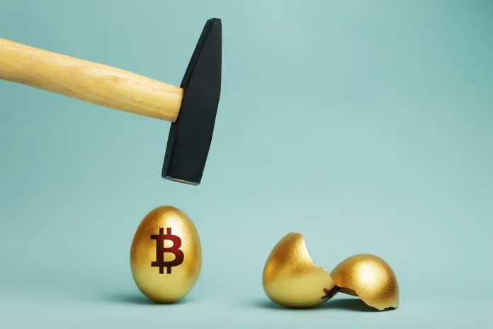 Martelo quebrando ovo de Bitcoin golpe perda de dinheiro