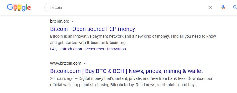 bitcoin.org primeiro lugar Google