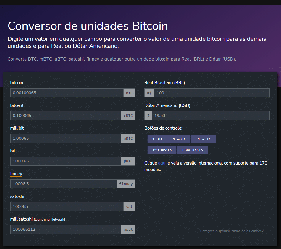 Conversão Bitcoin Satoshi Real e Dolar