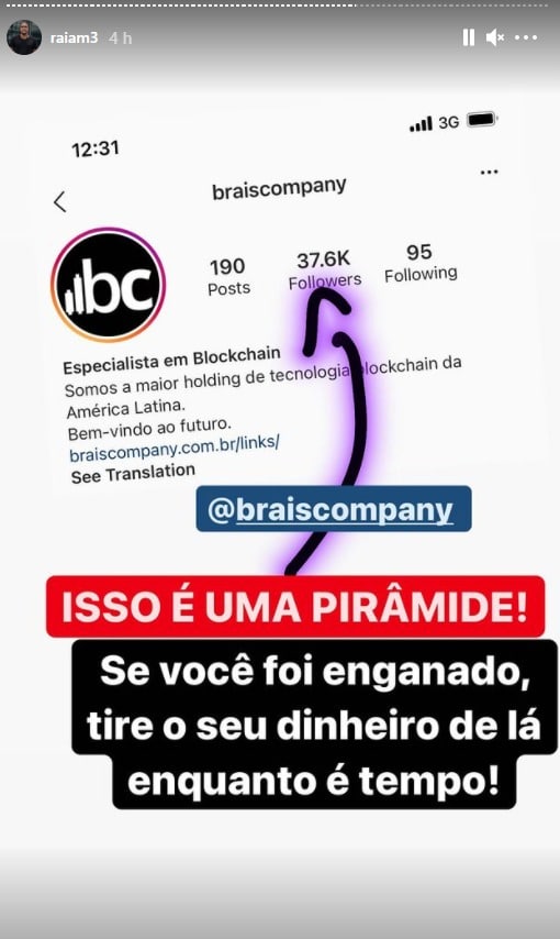 Raiam Santos crava que Braiscompany é pirâmide e pede para que pessoas saquem dinheiro