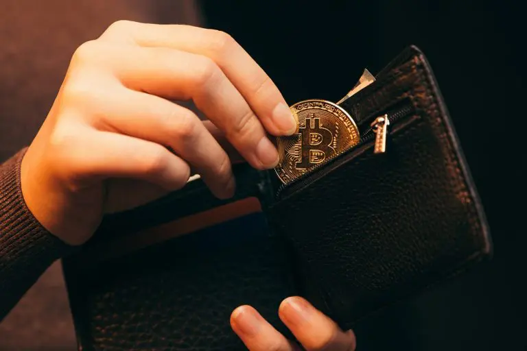 Carteira de Bitcoin moeda sendo guardada
