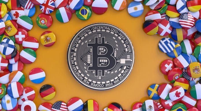 Moeda Bitcoin cercado por bandeira de países adoção