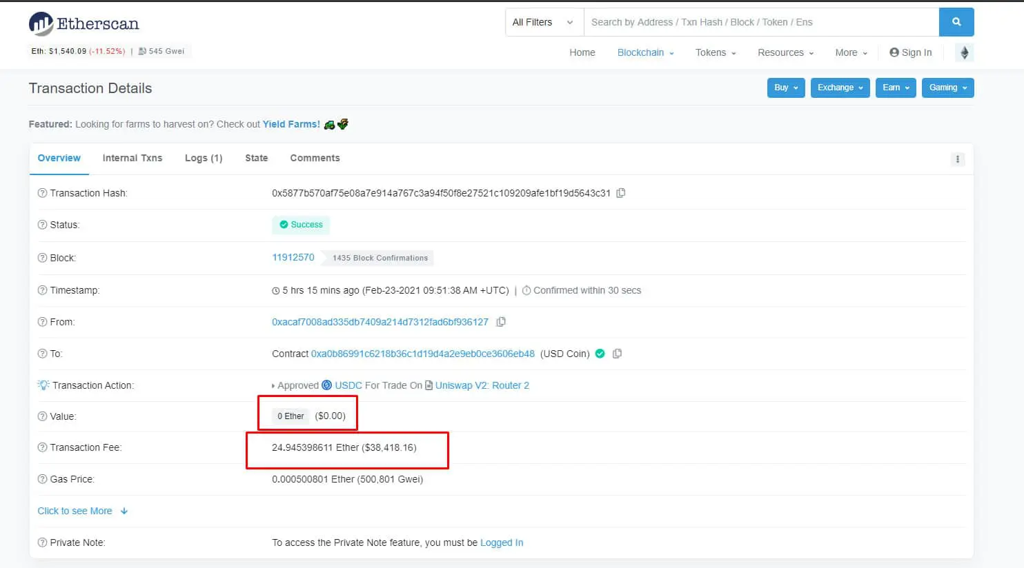 36 mil pago em taxa Ethereum