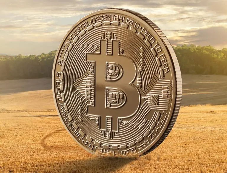 Moeda Bitcoin no campo blockchain agronegócio