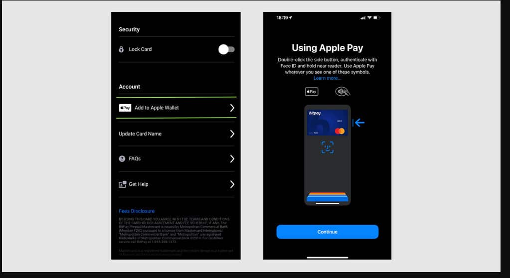 Adicionando o cartão BitPay ao Apple Pay a partir do aplicativo BitPay