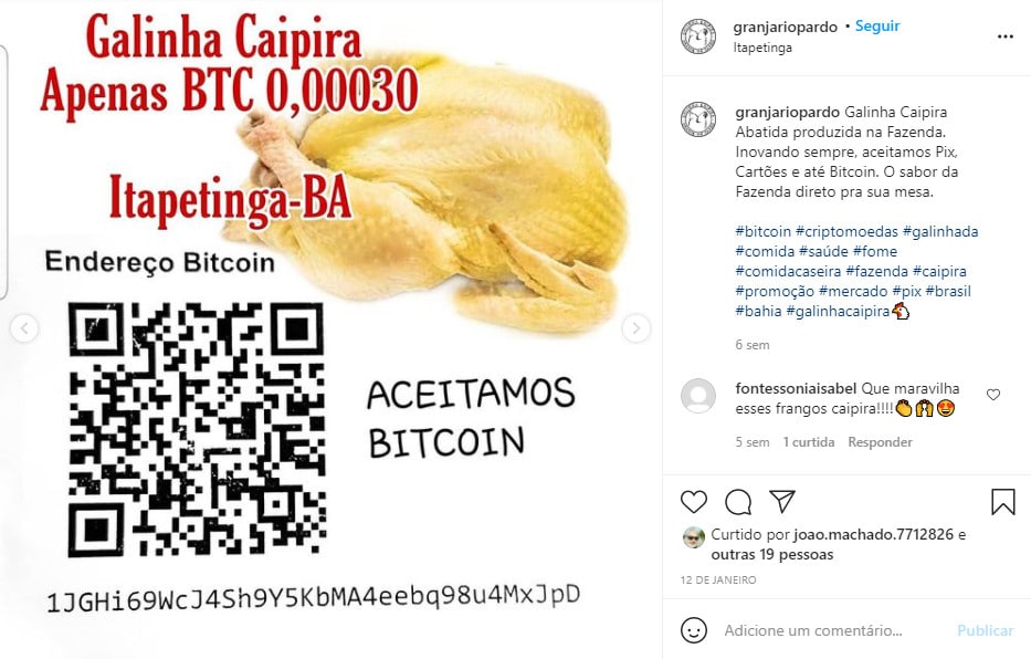 Anúncio de venda de galinha por Bitcoin na Granja do Rio Pardo - Reprodução/Instagram
