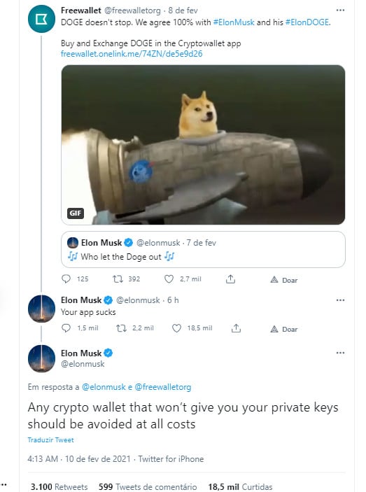 Elon Musk chama carteira de Bitcoin de merda por não oferecer chave privada para usuários