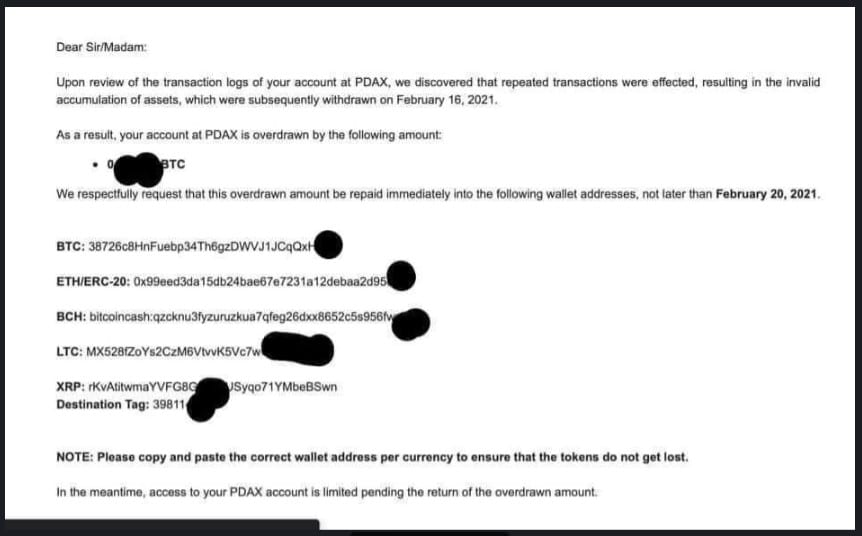 Email enviado pela corretora exigindo devolução dos bitcoins