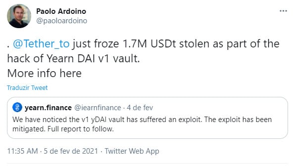 Paolo Ardoino, CTO da Tether e Bitfinex, congela USDT roubado da Yearn.Finance