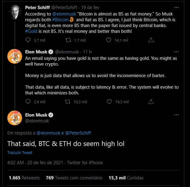 ELon Musk no Twitter diz que preço do bitcoin e ethereum parecem estar muito altos