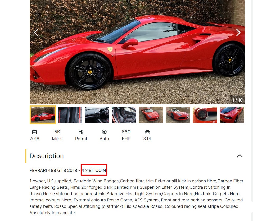 Ferrari anunciada por 4 bitcoins