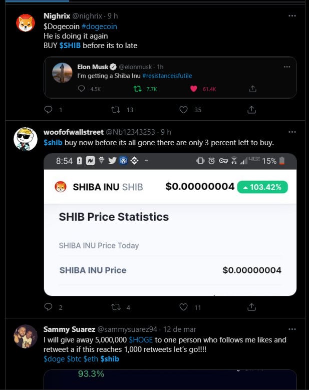 Compre $SHIB antes que seja tarde de mais, diz usuário no Twitter.